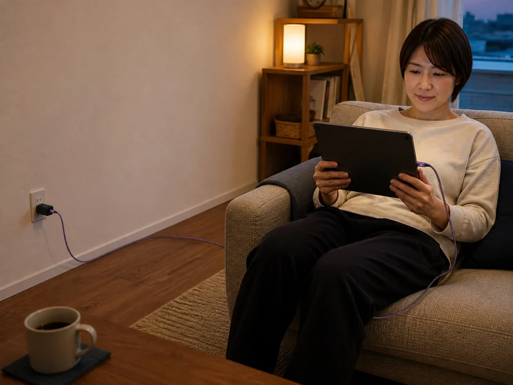長い紫のUSB-Cケーブルでソファからタブレットを充電する様子