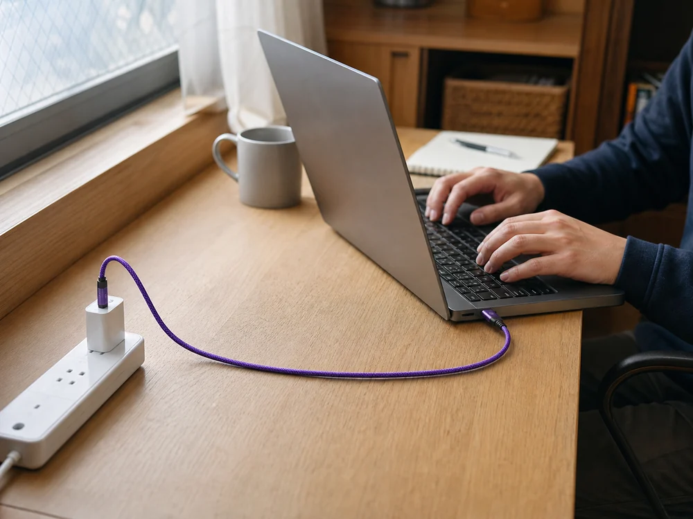紫のUSB-CケーブルでノートPCを充電する机上の様子