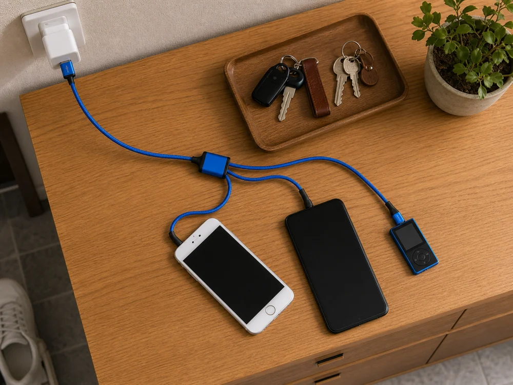 家族の共有充電コーナーで異なる機器につなぐ3in1ケーブル