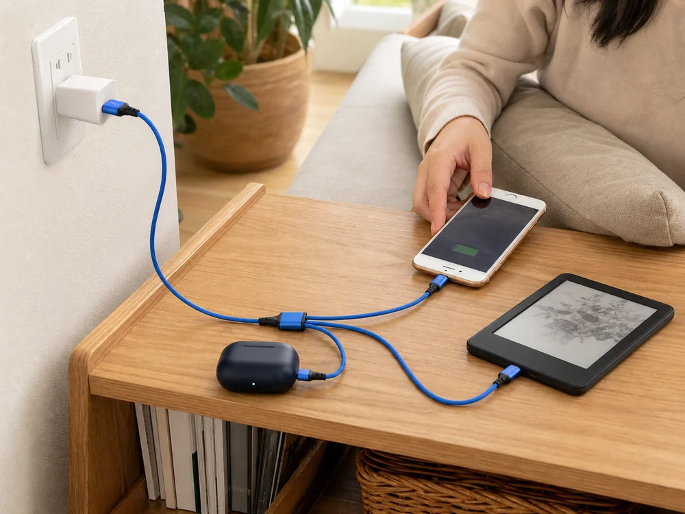 リビングの充電棚で3種類の機器につながる青い3in1ケーブル