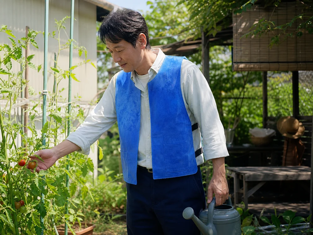 家庭菜園で青い水冷クールベストを着て作業する人