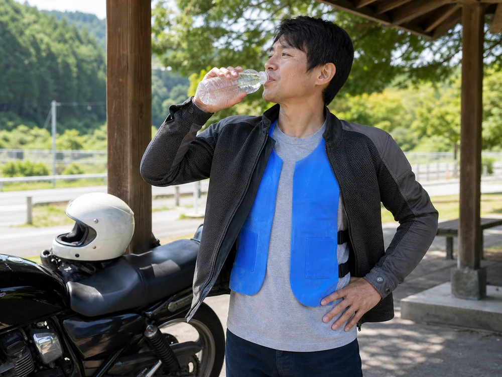 夏のツーリング休憩で青い冷却ベストを重ね着するライダー