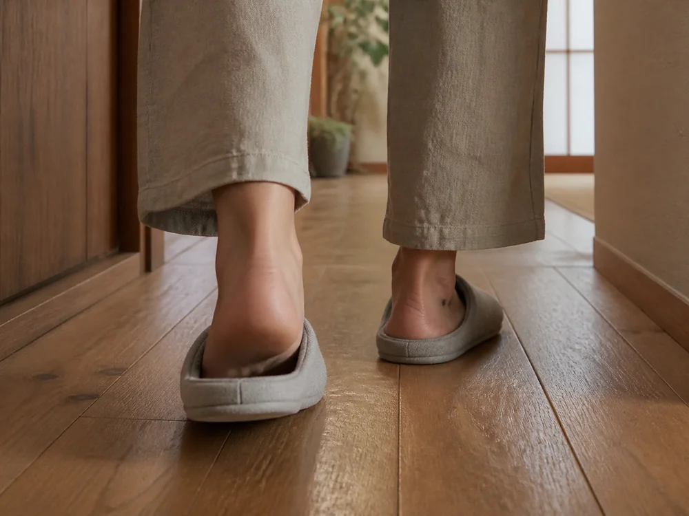 木の廊下を歩く足元とかかとが収まるカップ形状のルームスリッパ